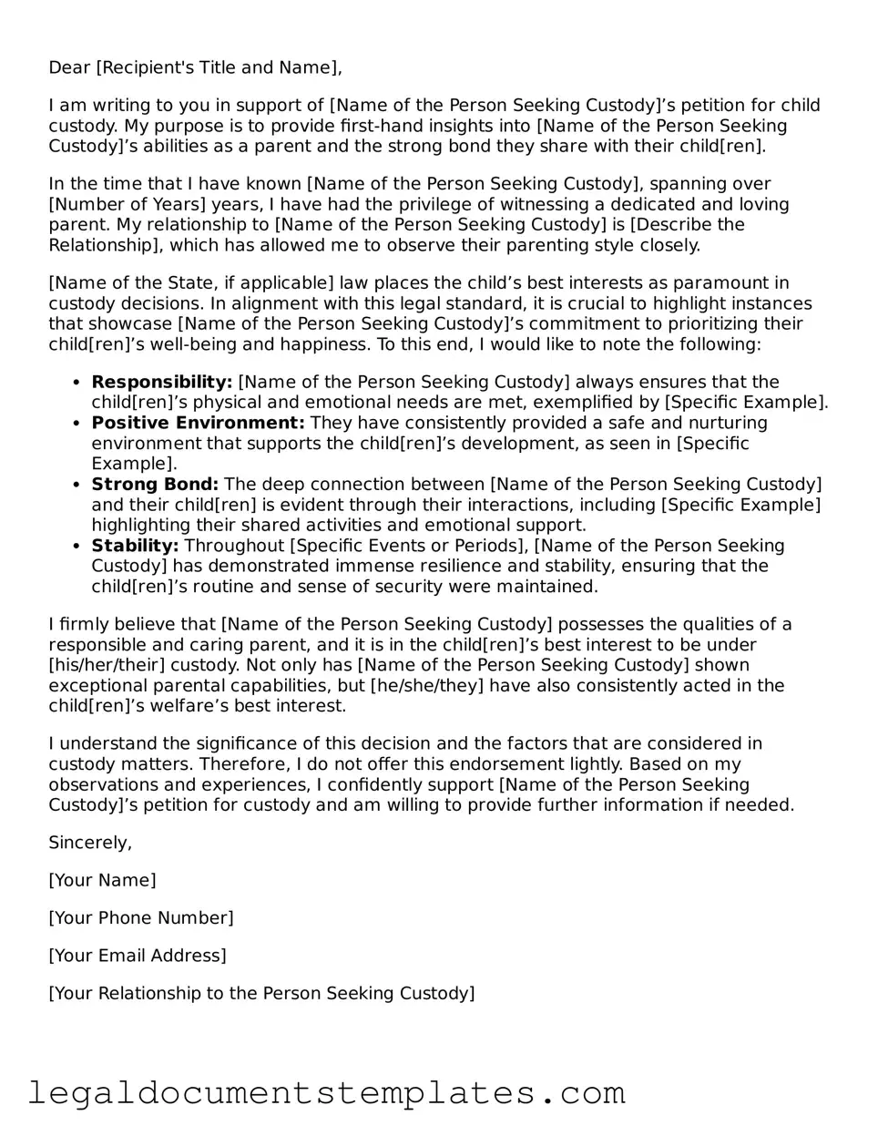 Legal Character Reference Letter for Child Custody Document
