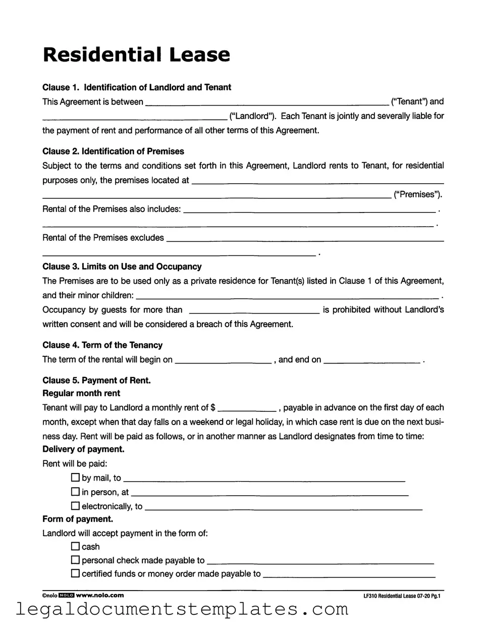 Free Lf310 Residential Lease PDF Form