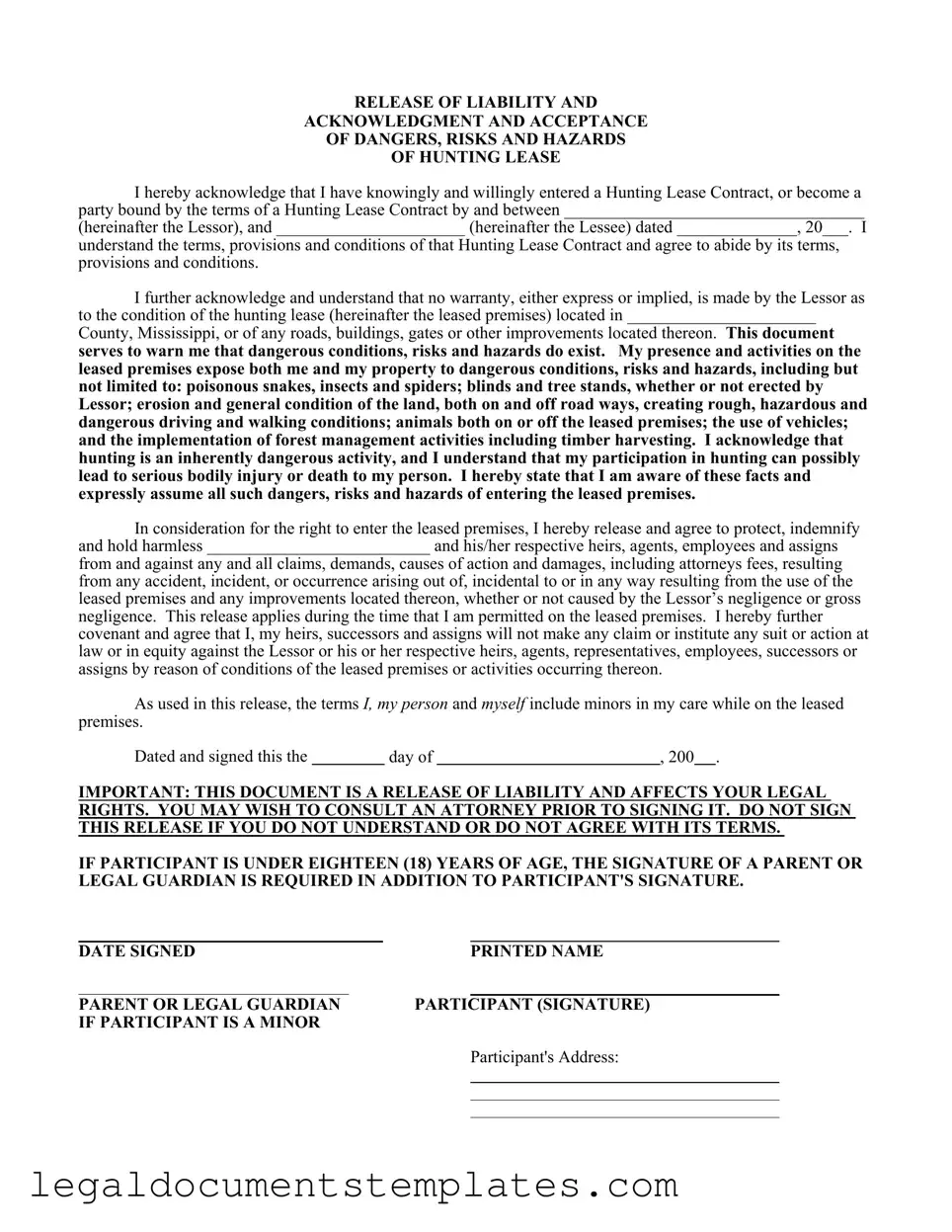 Free Liability Hunting PDF Form