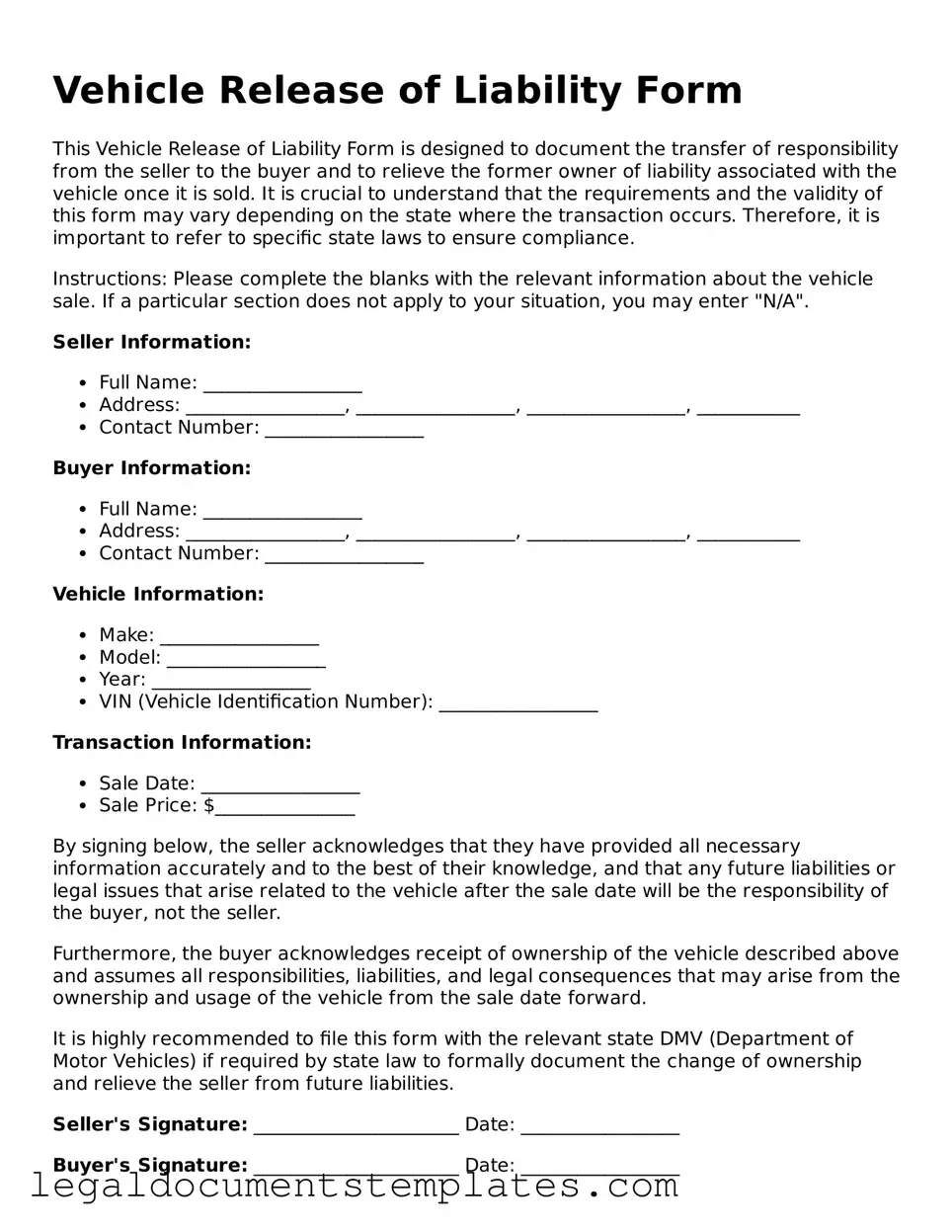 Legal Vehicle Release of Liability Document