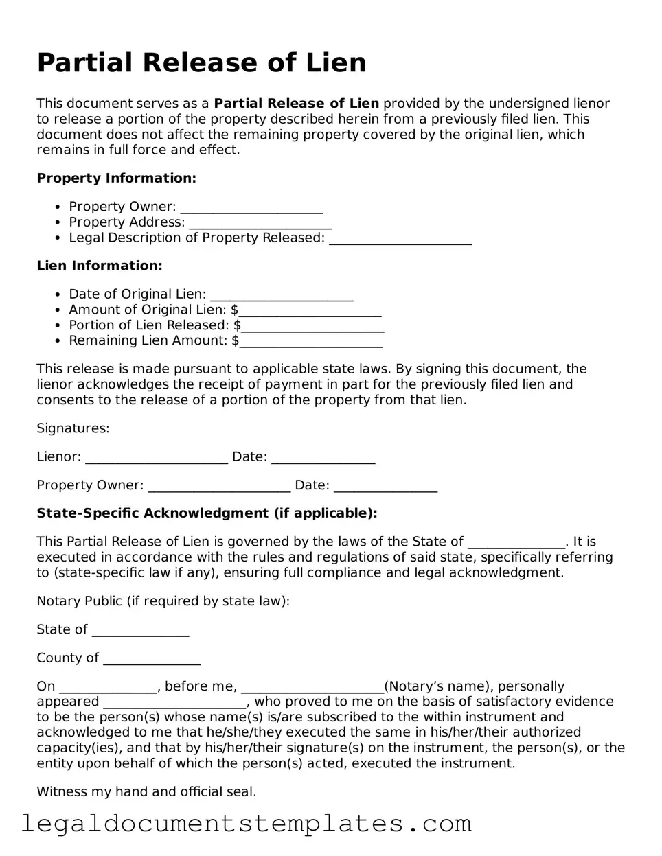 Legal Partial Release of Lien Document