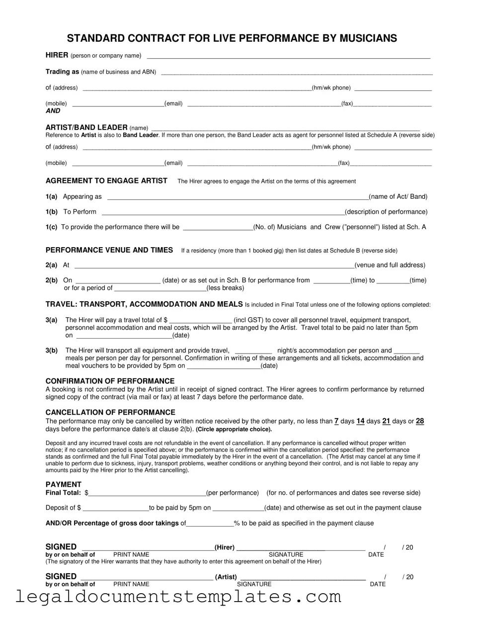Free Live Performance Contract PDF Form