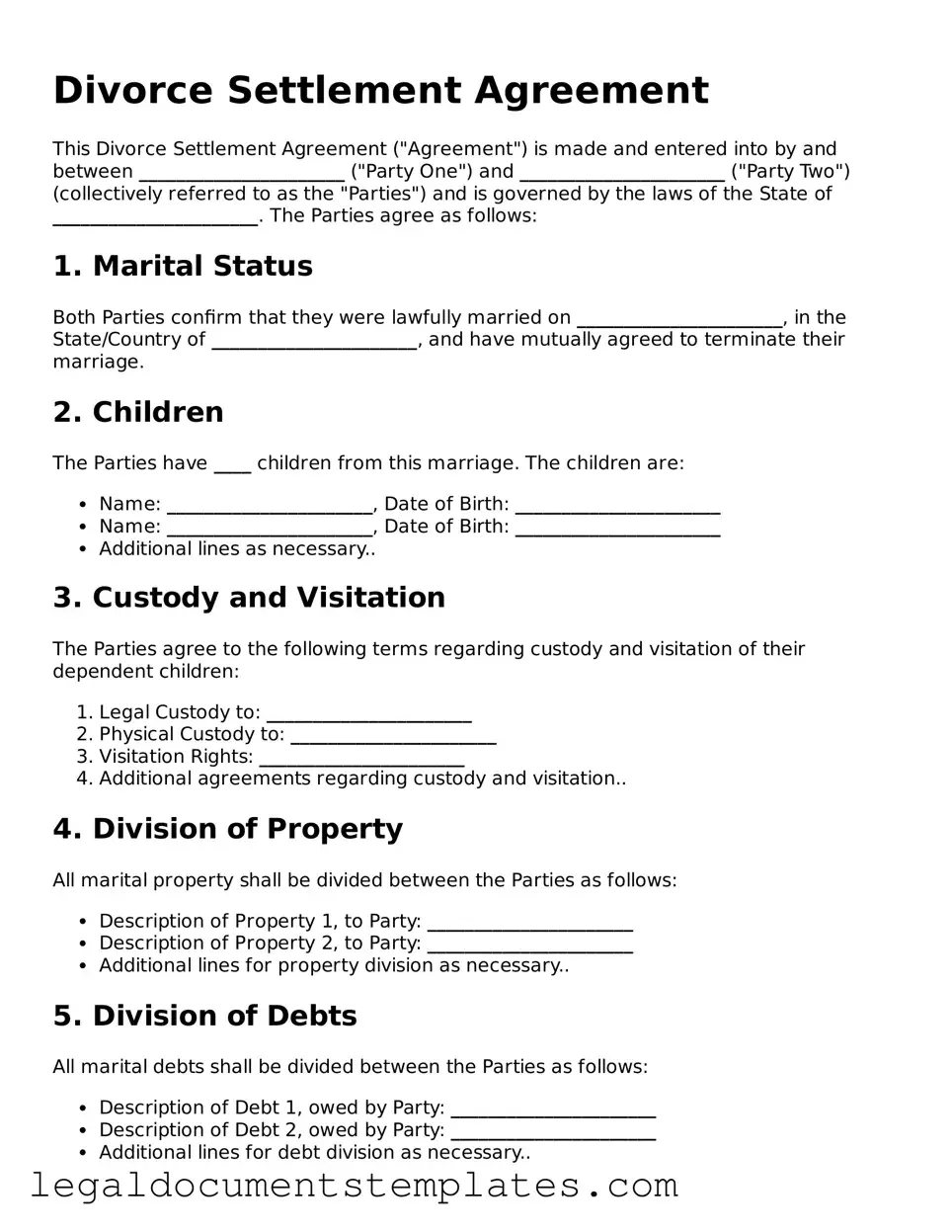 Legal Divorce Settlement Agreement Document