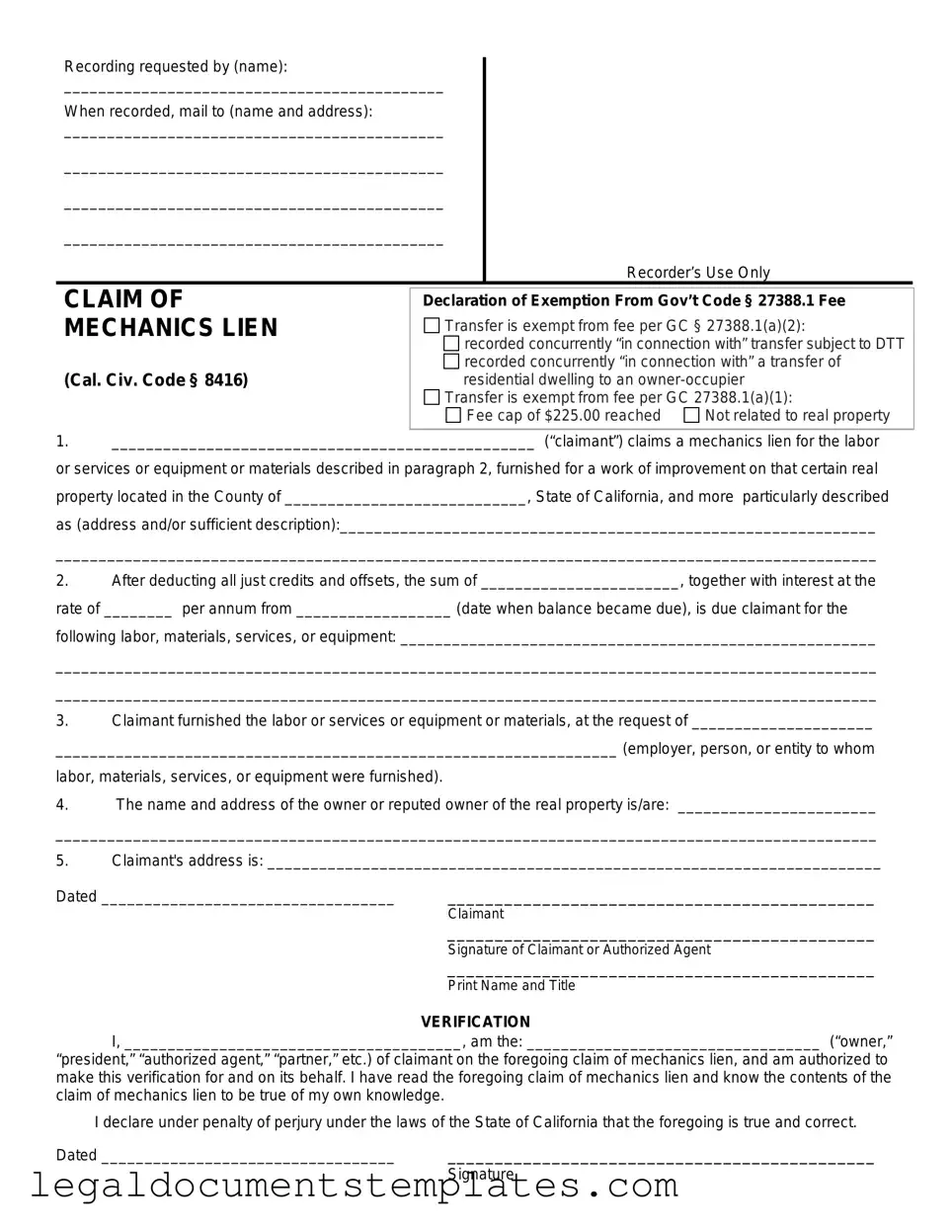 Free Mechanics Lien California PDF Form