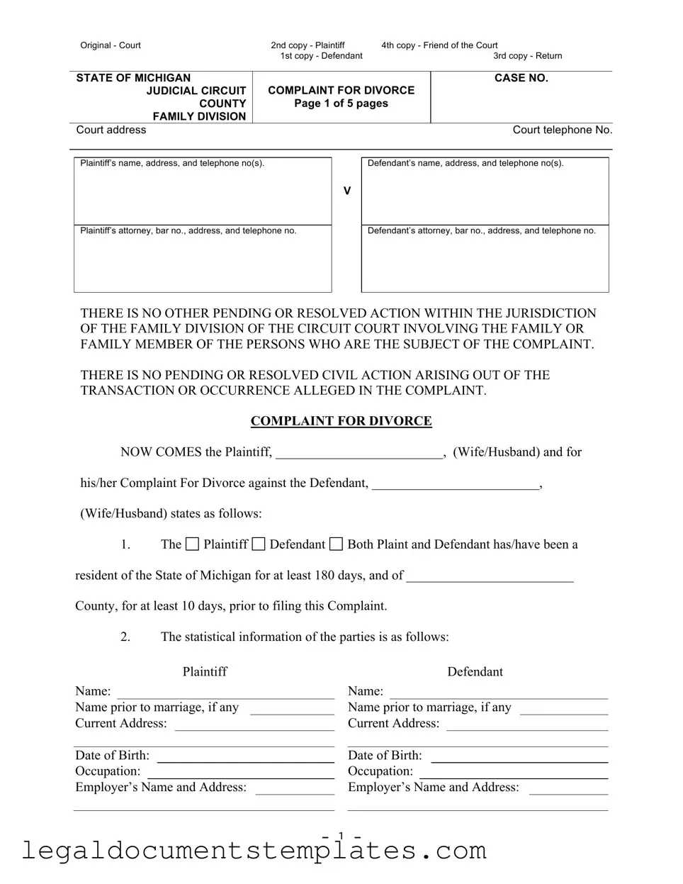 Free Michigan Complaint Divorce PDF Form