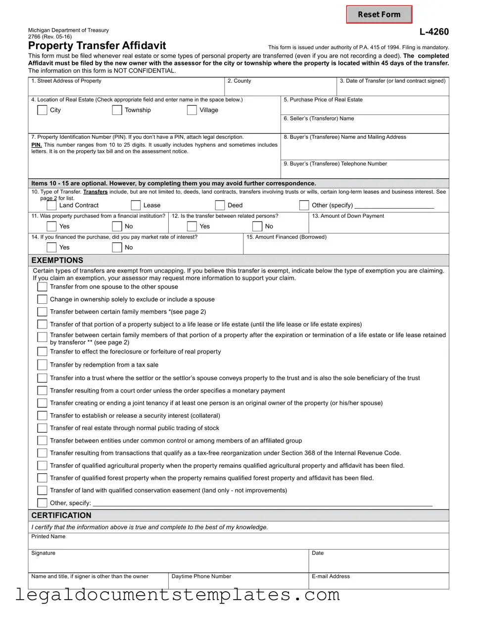 Free Michigan Property Transfer Affidavit 2766 PDF Form