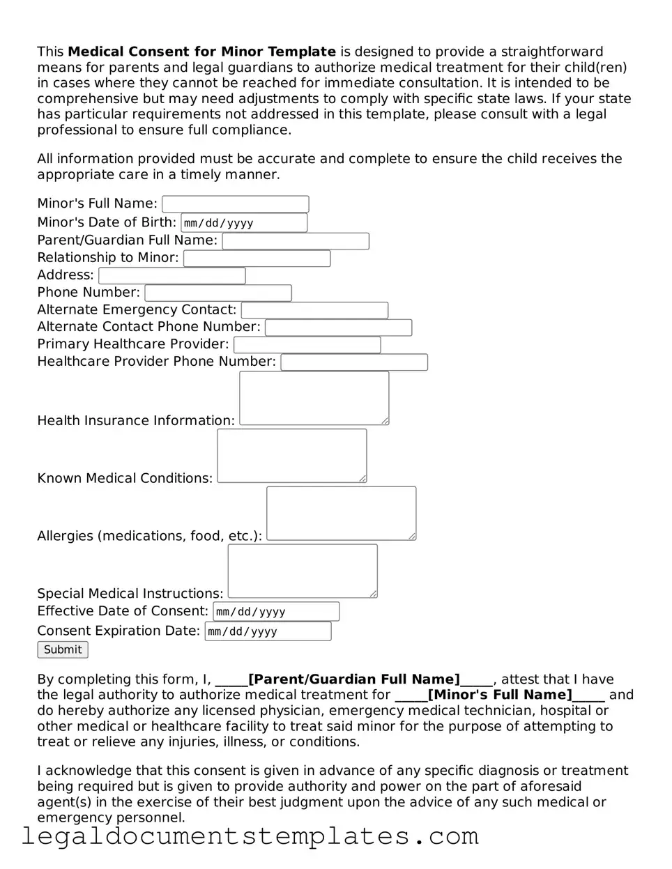 Legal Medical Consent for Minor Document