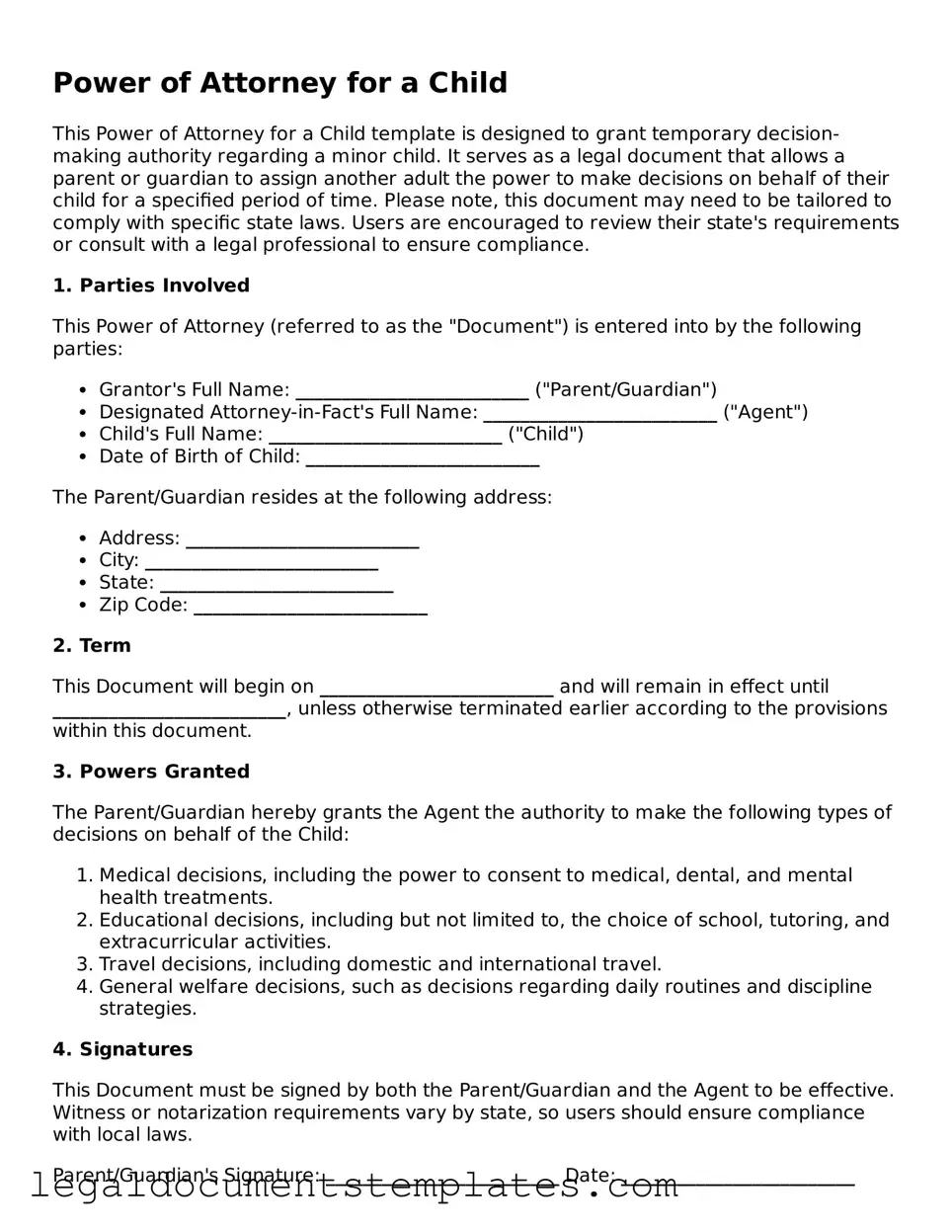 Legal Power of Attorney for a Child Document