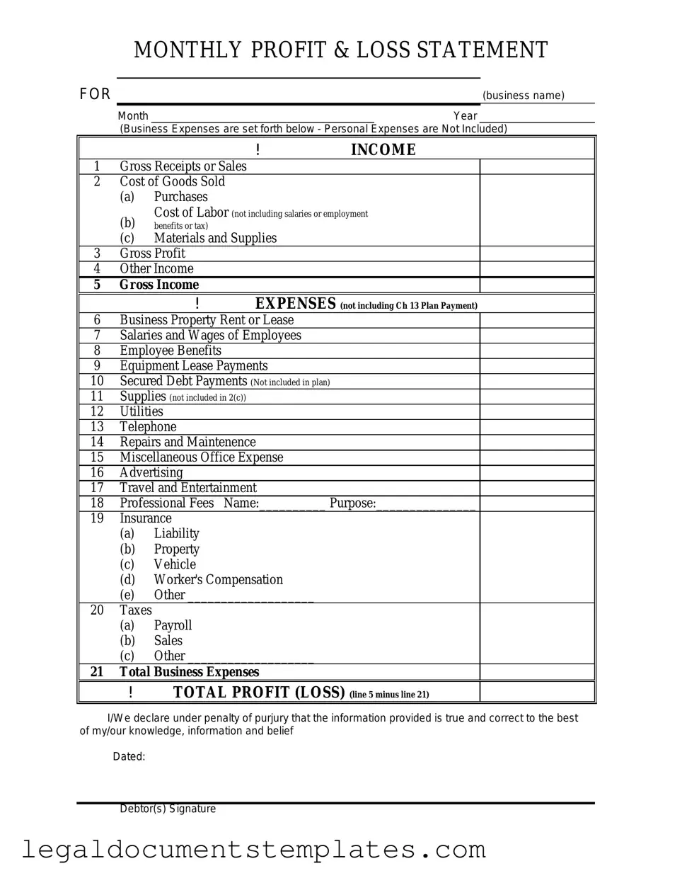 Free Profit And Loss PDF Form