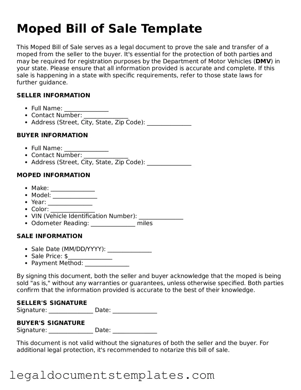 Legal Moped Bill of Sale Document