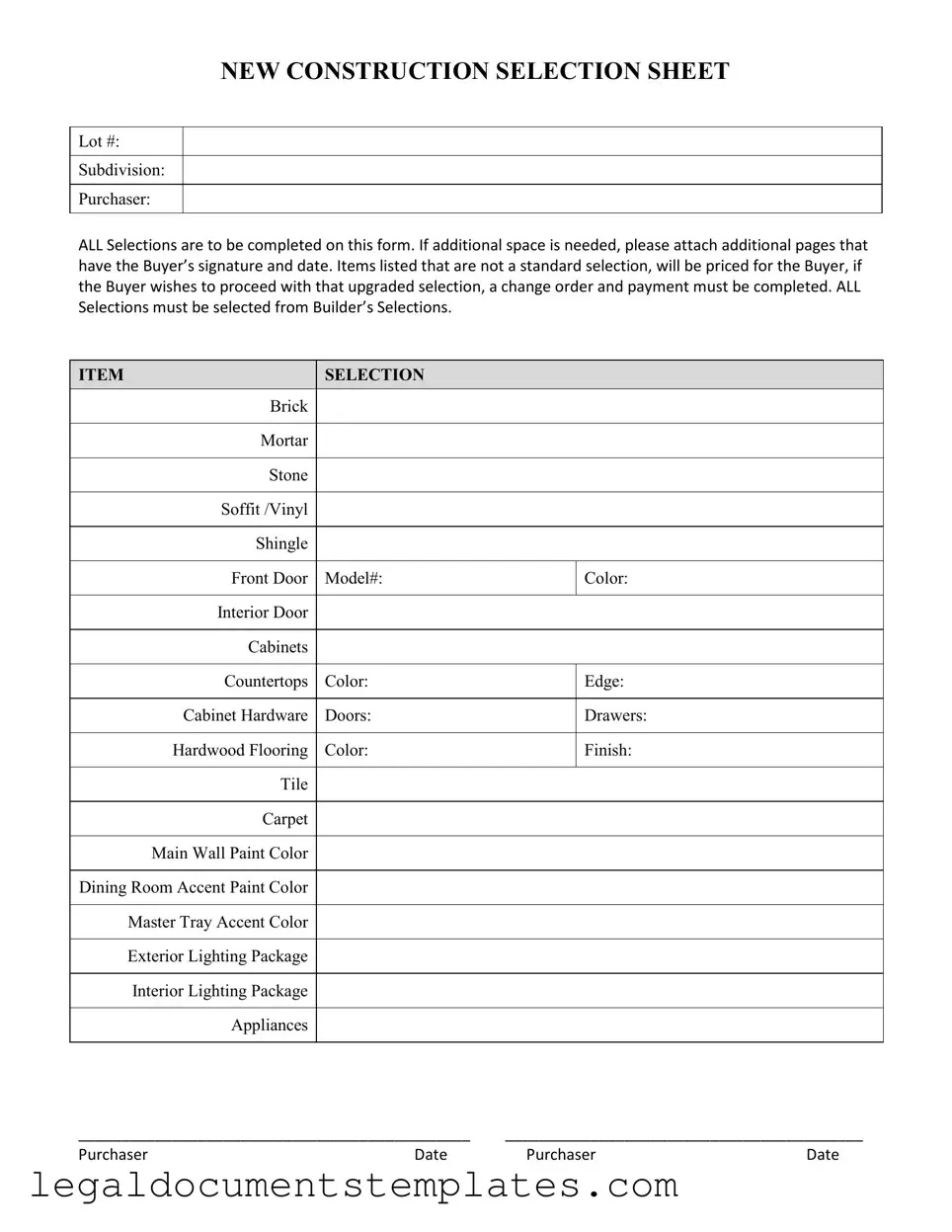 Free New Construction Selection Sheet PDF Form