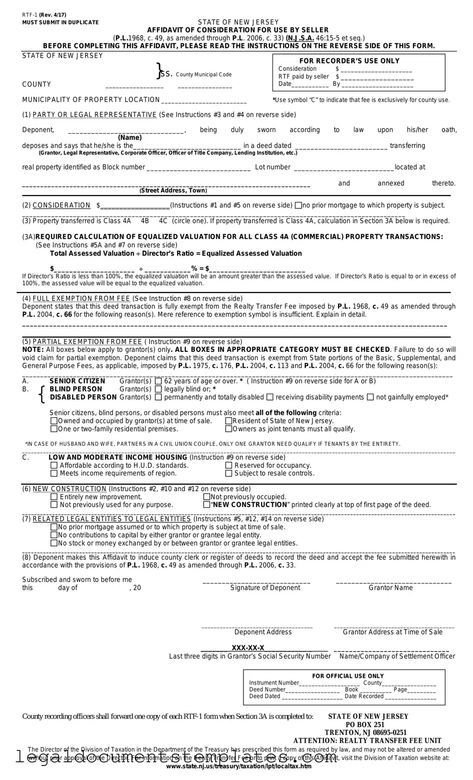 Free New Jersey Affidavit of Consideration RTF-1 PDF Form