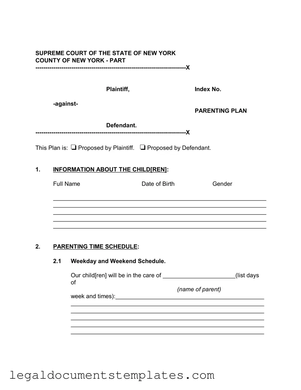 Free New York Parenting Plan PDF Form
