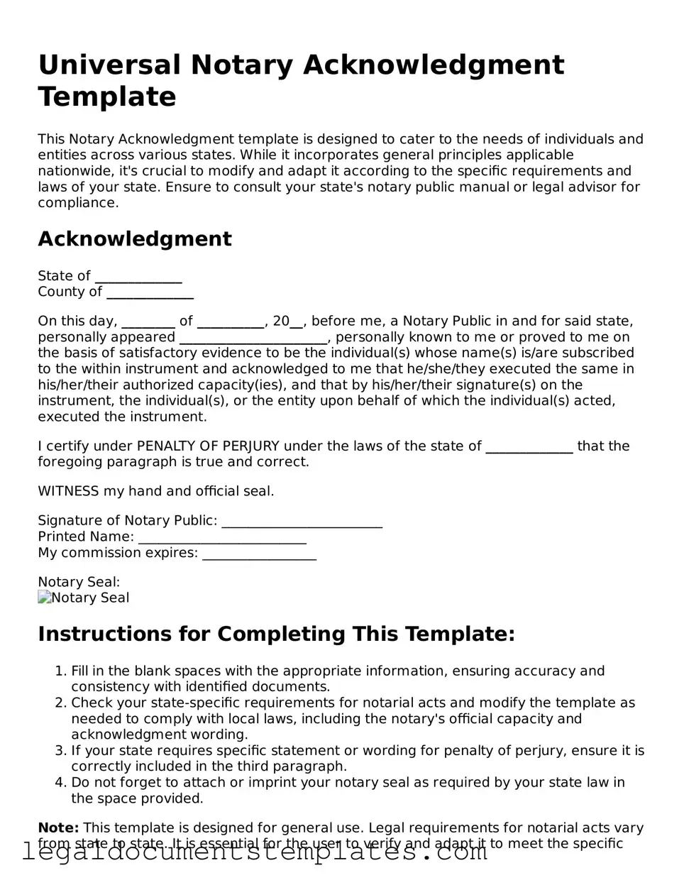Legal Notary Acknowledgement Document