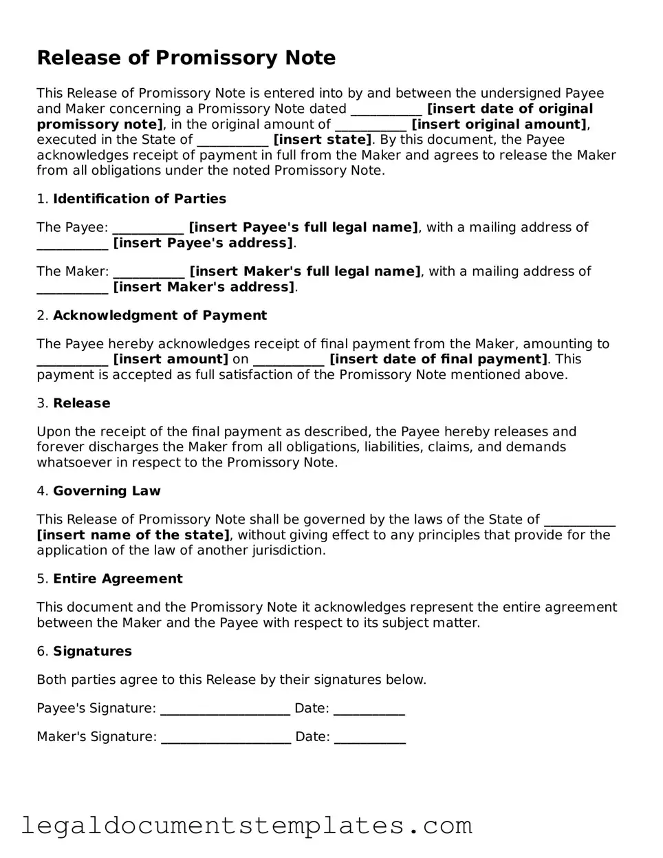 Legal Release of Promissory Note Document