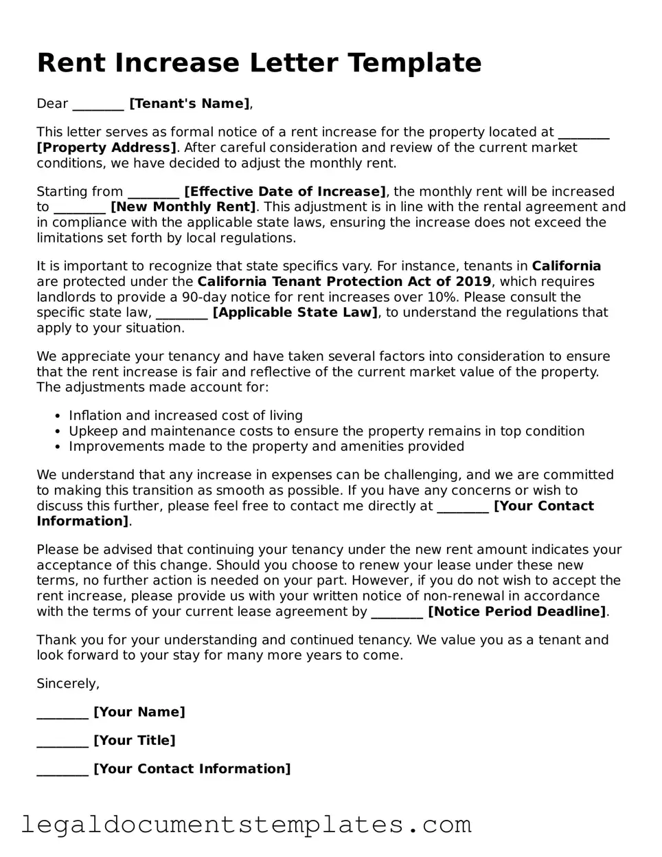 Legal Rent Increase Letter Document