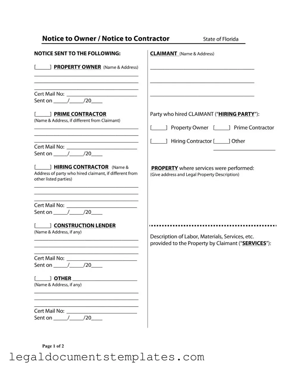 Free Notice Owner Florida PDF Form