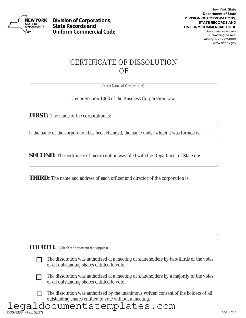 Free Ny Dissolution Certificate PDF Form