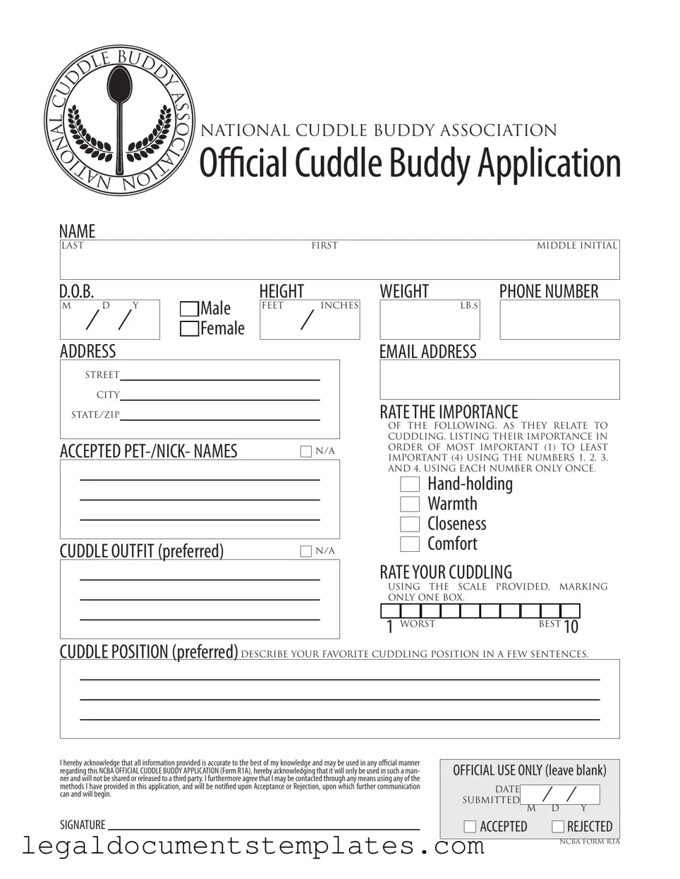 Free Cuddle Buddy Application PDF Form