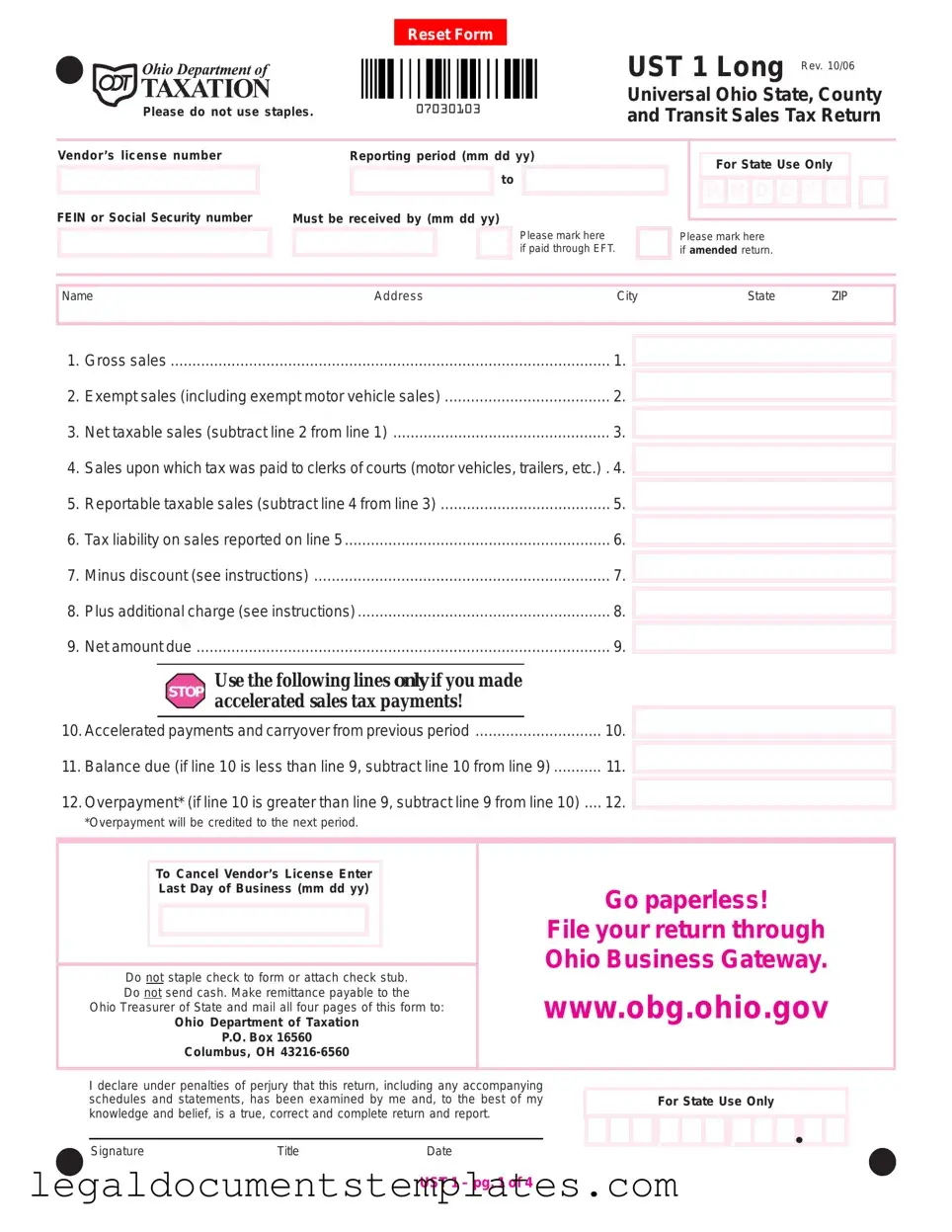 Free Ohio Sales Tax Ust 1 PDF Form