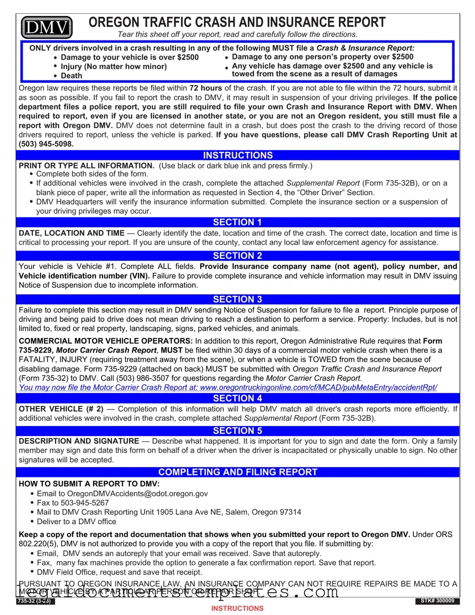 Free Oregon Dmv Accident Report PDF Form