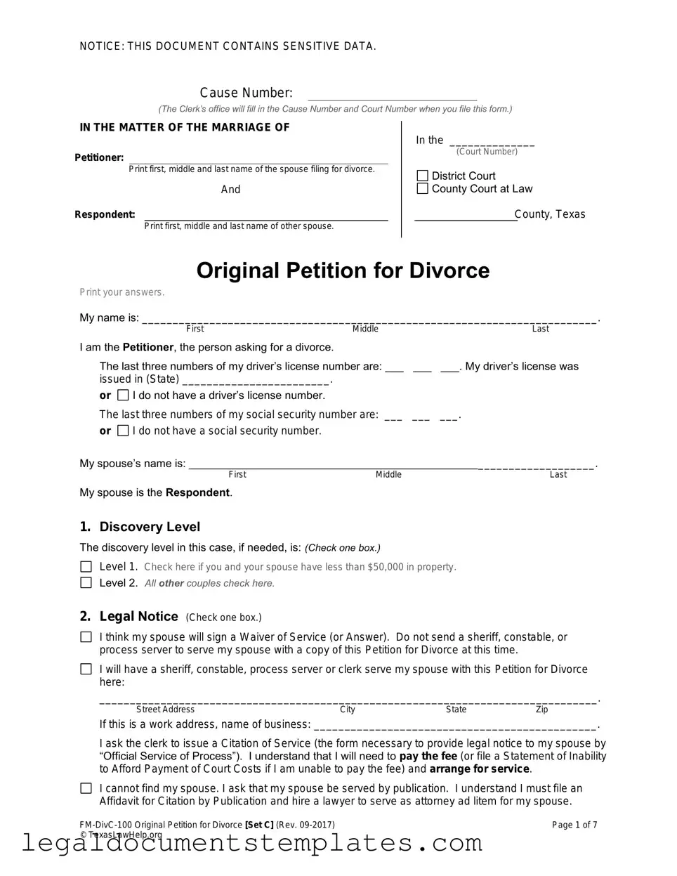 Free Texas Law Help FM-DivC-100 Original Petition for Divorce Set C PDF Form