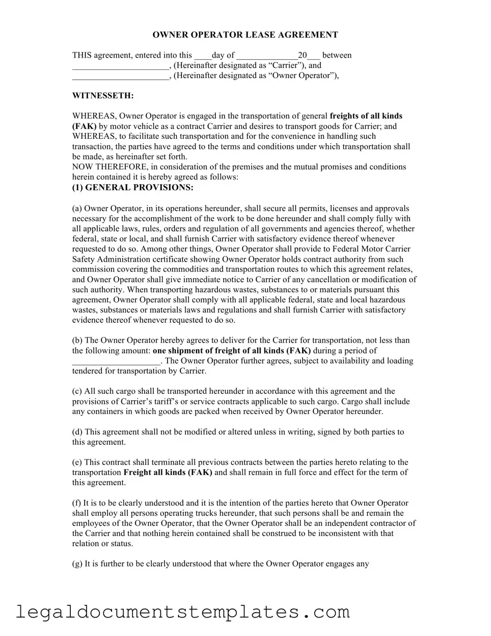 Free Owner Operator Lease Agreement PDF Form