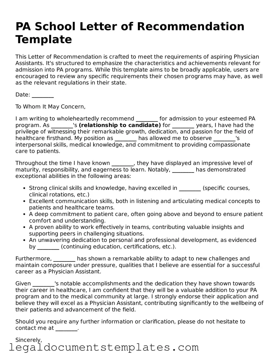 Legal PA School Letter of Recommendation Document