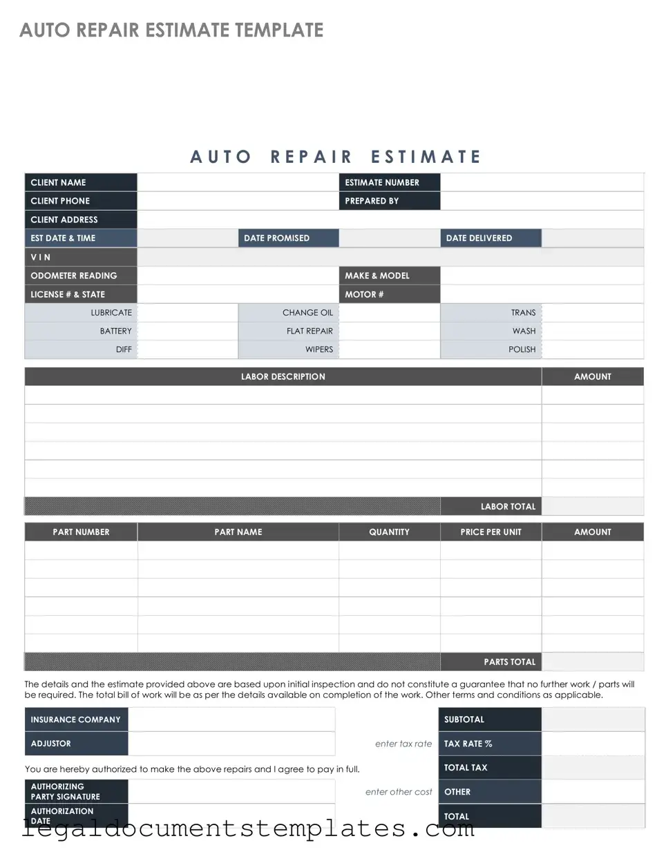 Free Auto Repair Estimate PDF Form