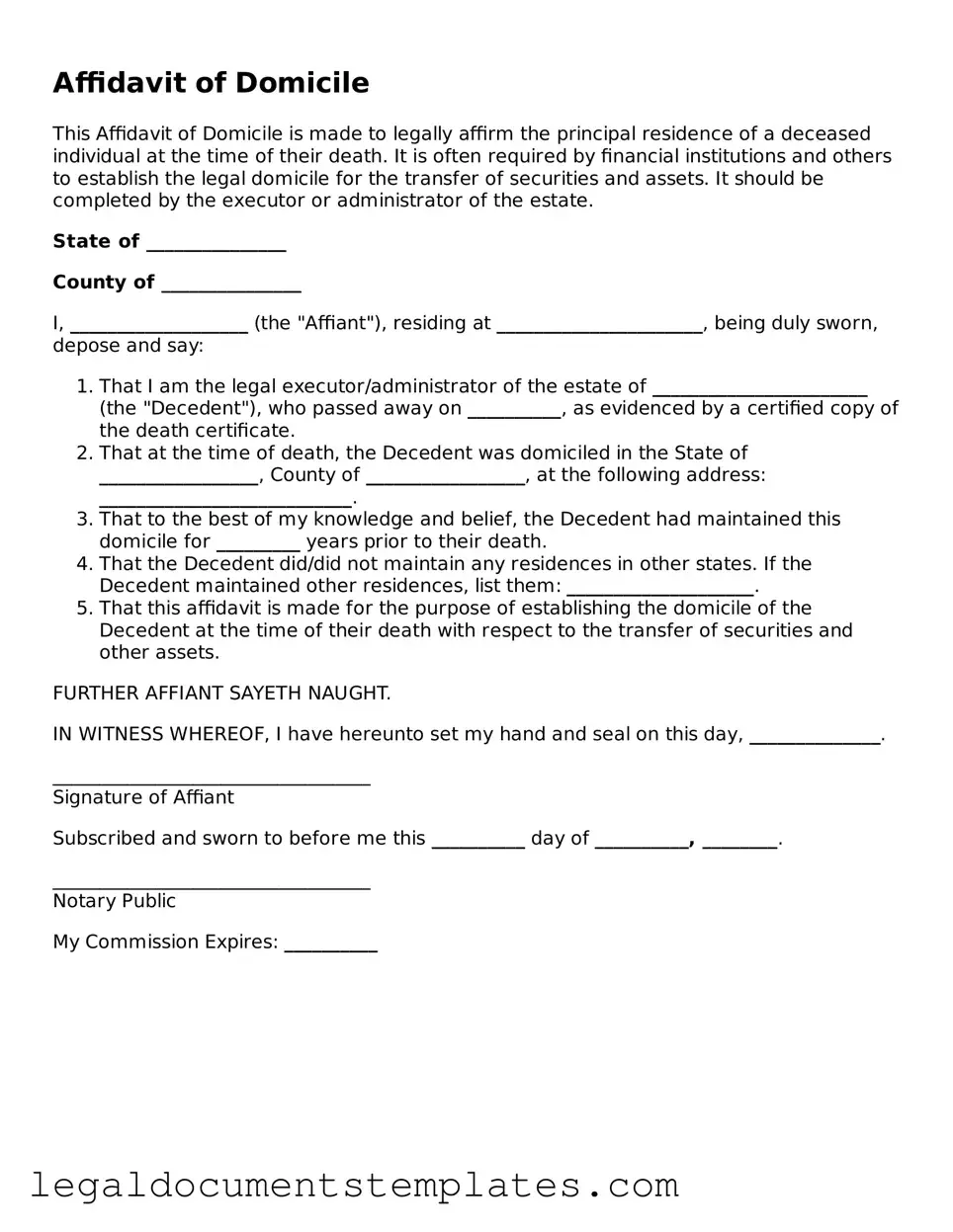 Legal Affidavit of Domicile Document