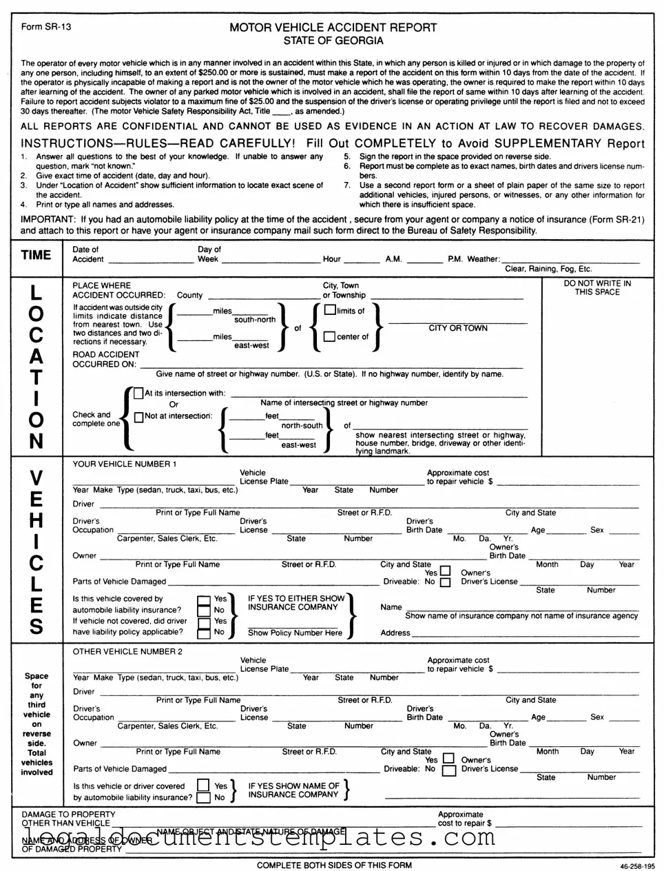 Free Personal Accident Report Sr 13 Ga PDF Form