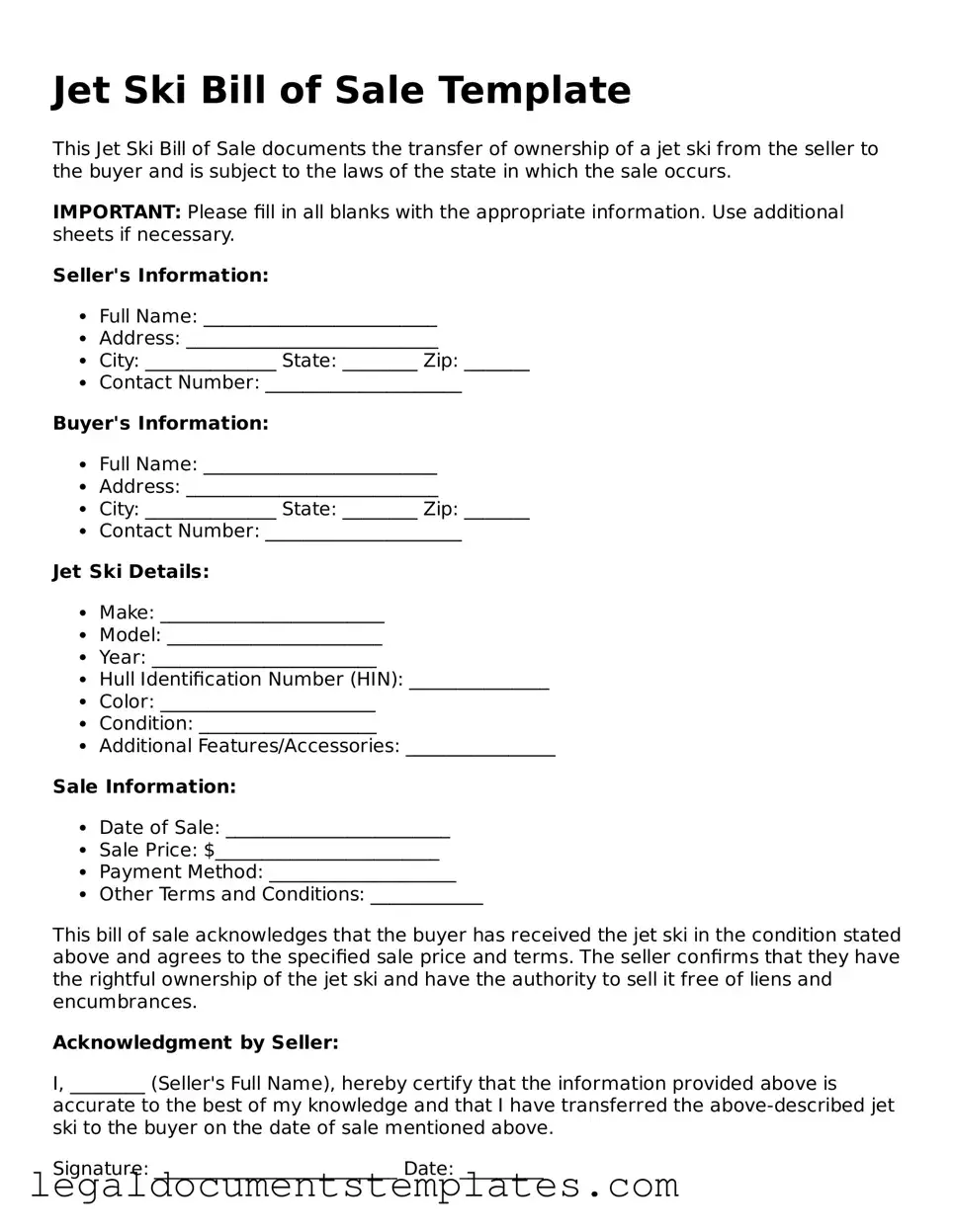 Legal Jet Ski Bill of Sale Document