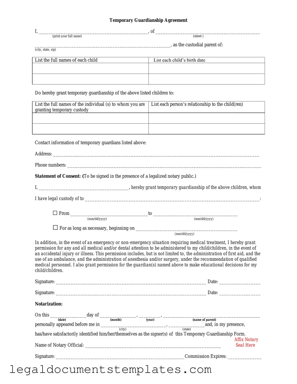 Free Temporary Custody PDF Form
