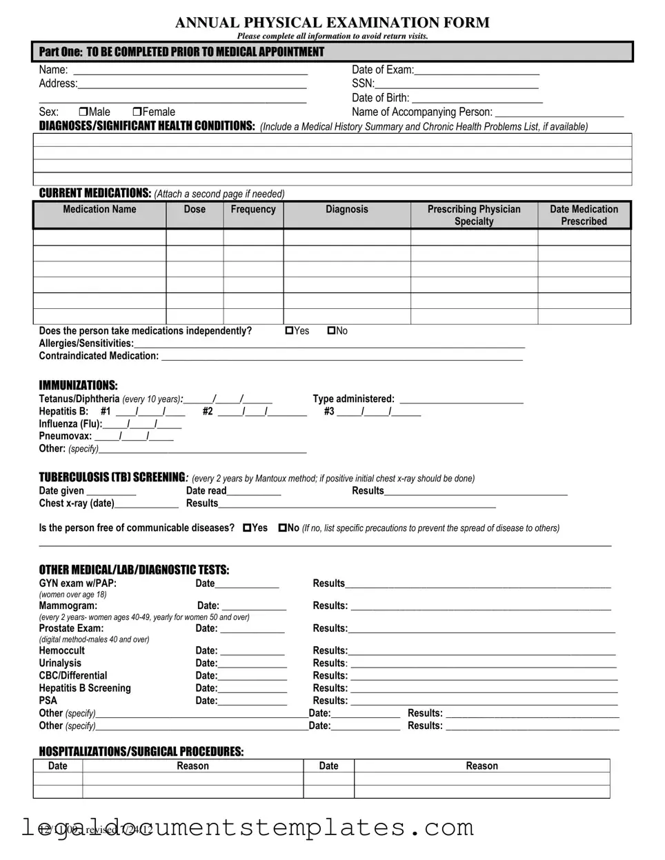 Free Annual Physical Examination PDF Form