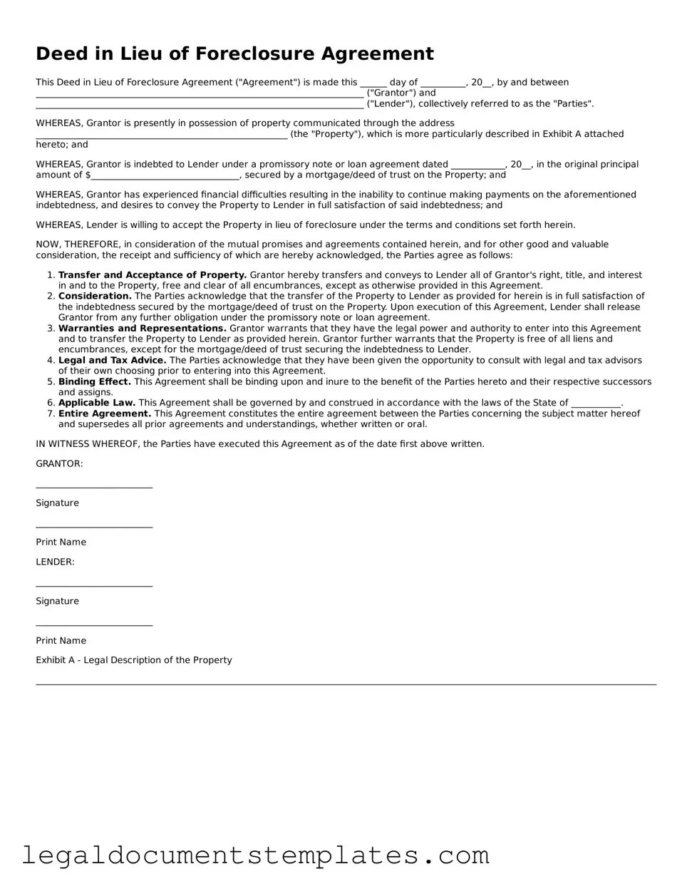 Legal Deed in Lieu of Foreclosure Document