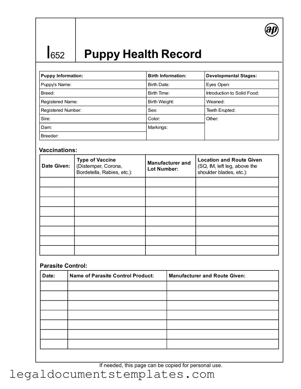 Free Puppy Health Record PDF Form