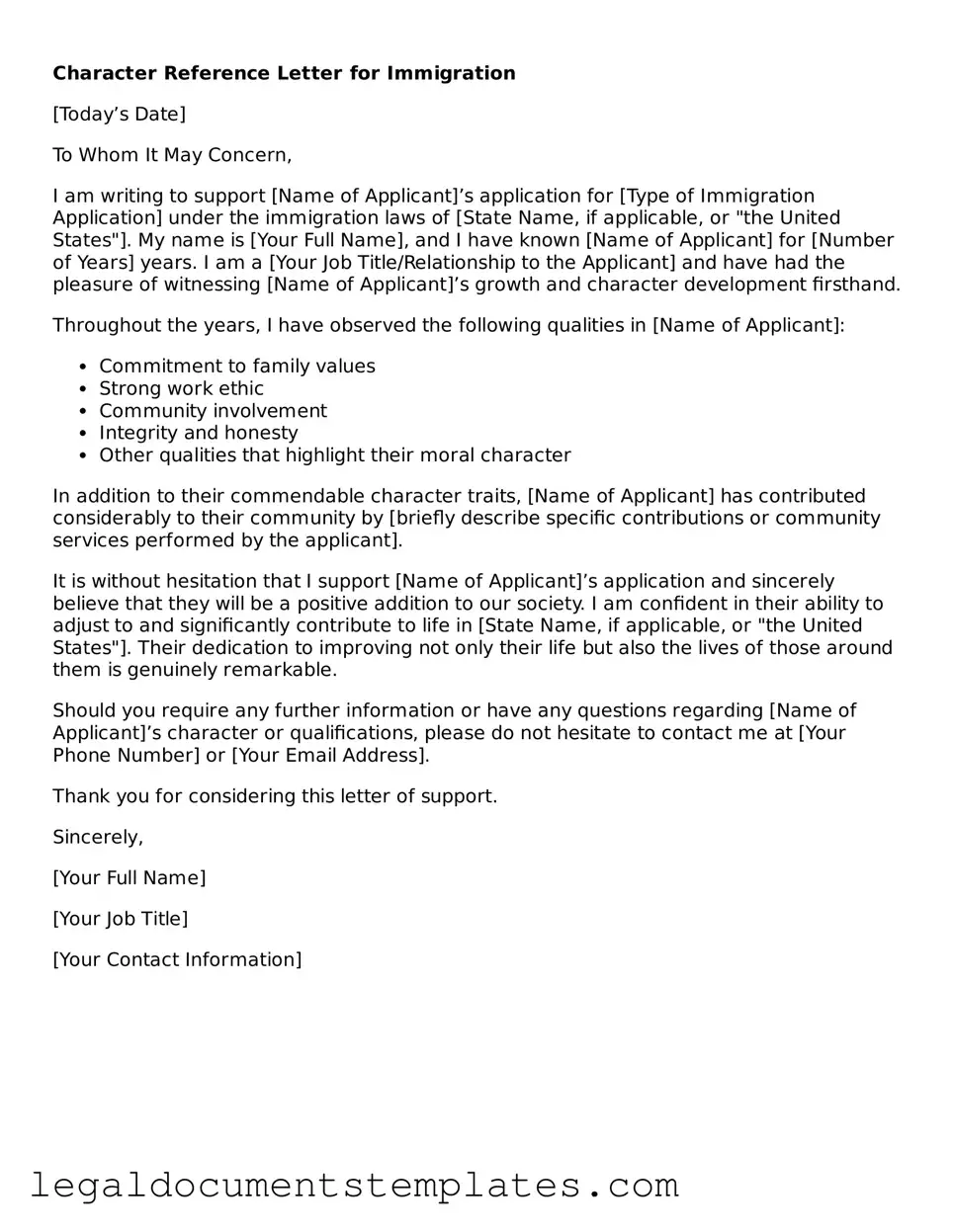 Legal Character Reference Letter for Immigration Document