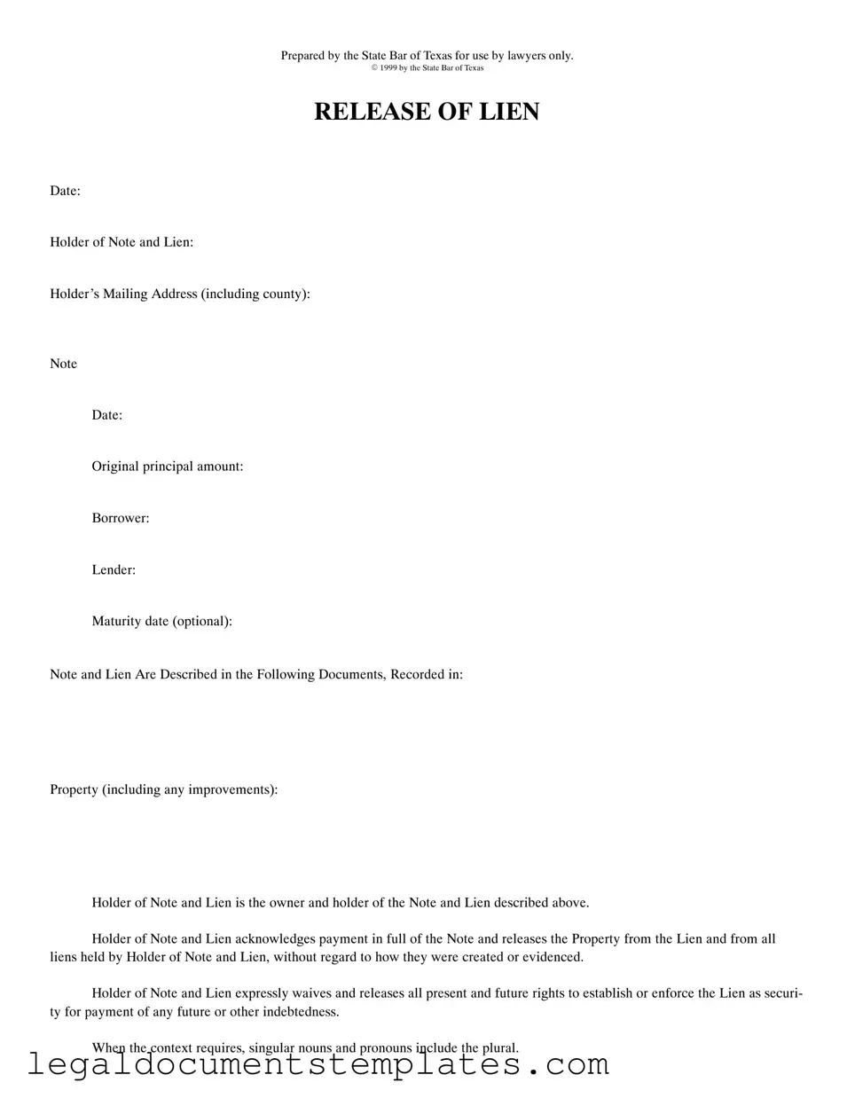 Free Release Of Lien Texas PDF Form