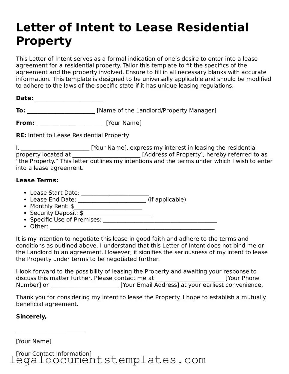 Legal Letter of Intent to Lease Residential Property Document