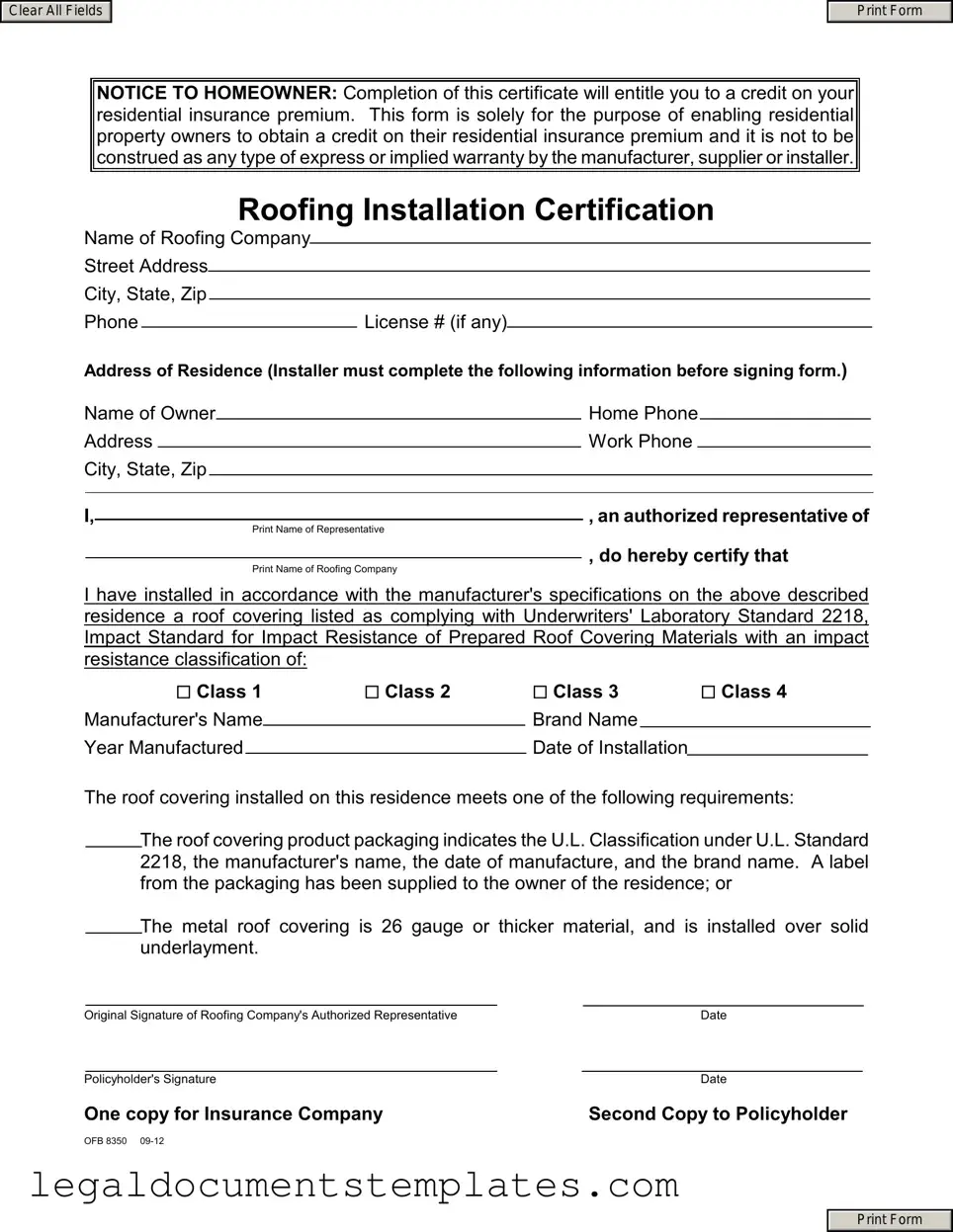 Free Roofing Certificate PDF Form
