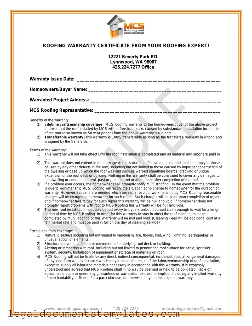 Free Roofing Warranty Certificate PDF Form