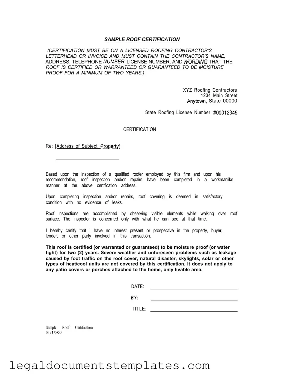 Free Sample Roof Certification PDF Form