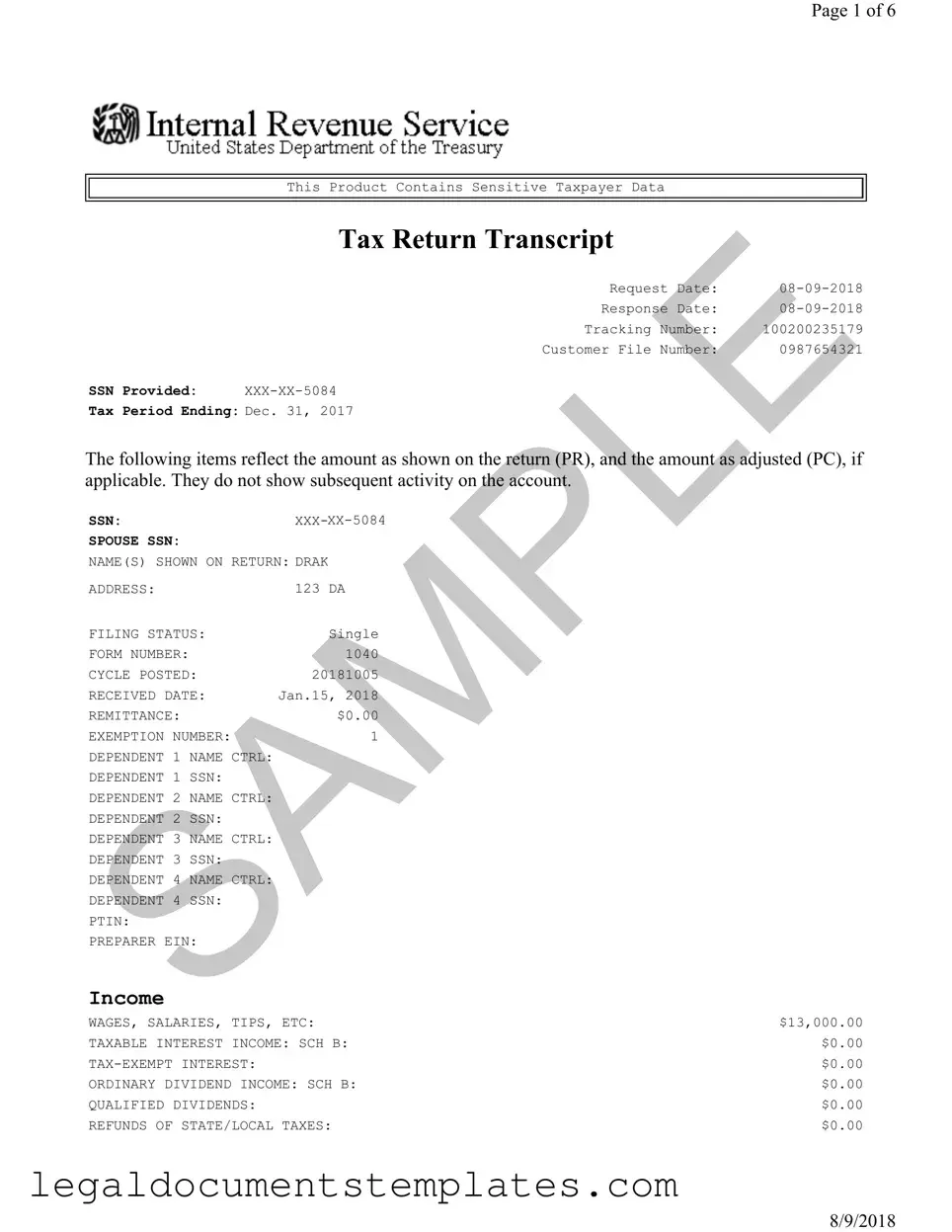 Free Sample Tax Return Transcript PDF Form