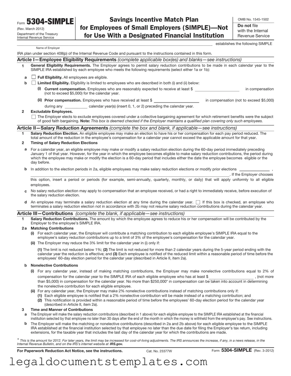 Free IRS 5304-SIMPLE PDF Form