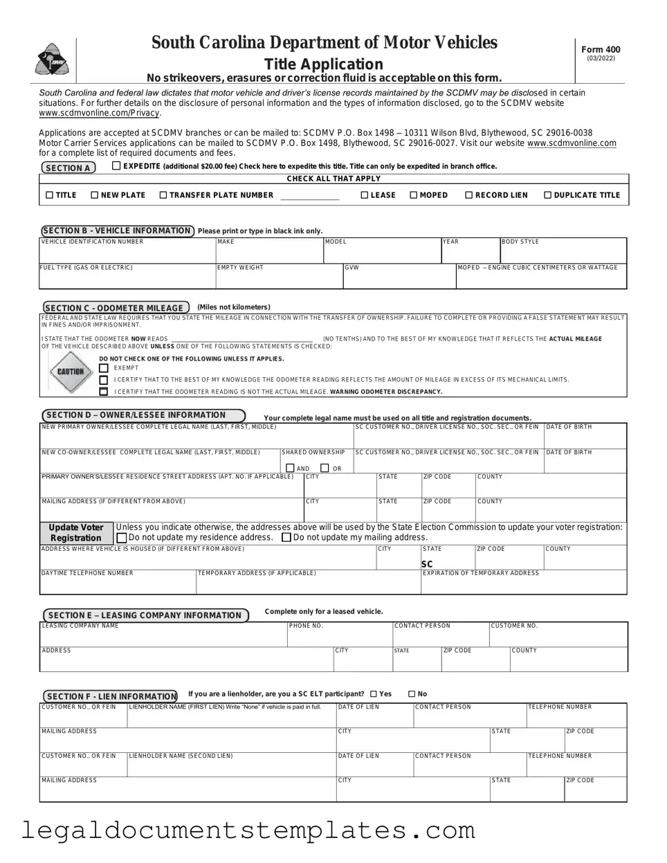 Free Sc Dmv 400 PDF Form