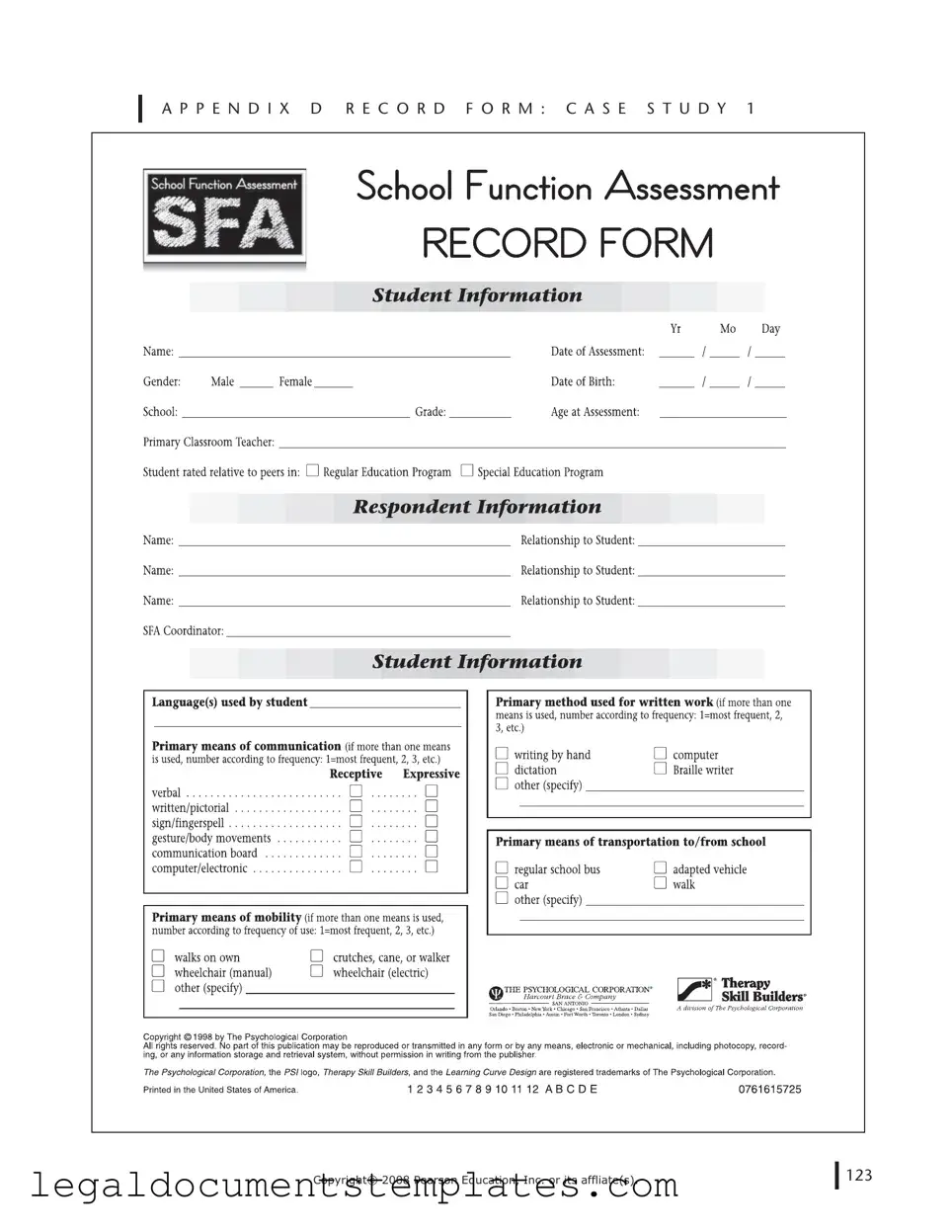 Free School Function Assessment PDF Form