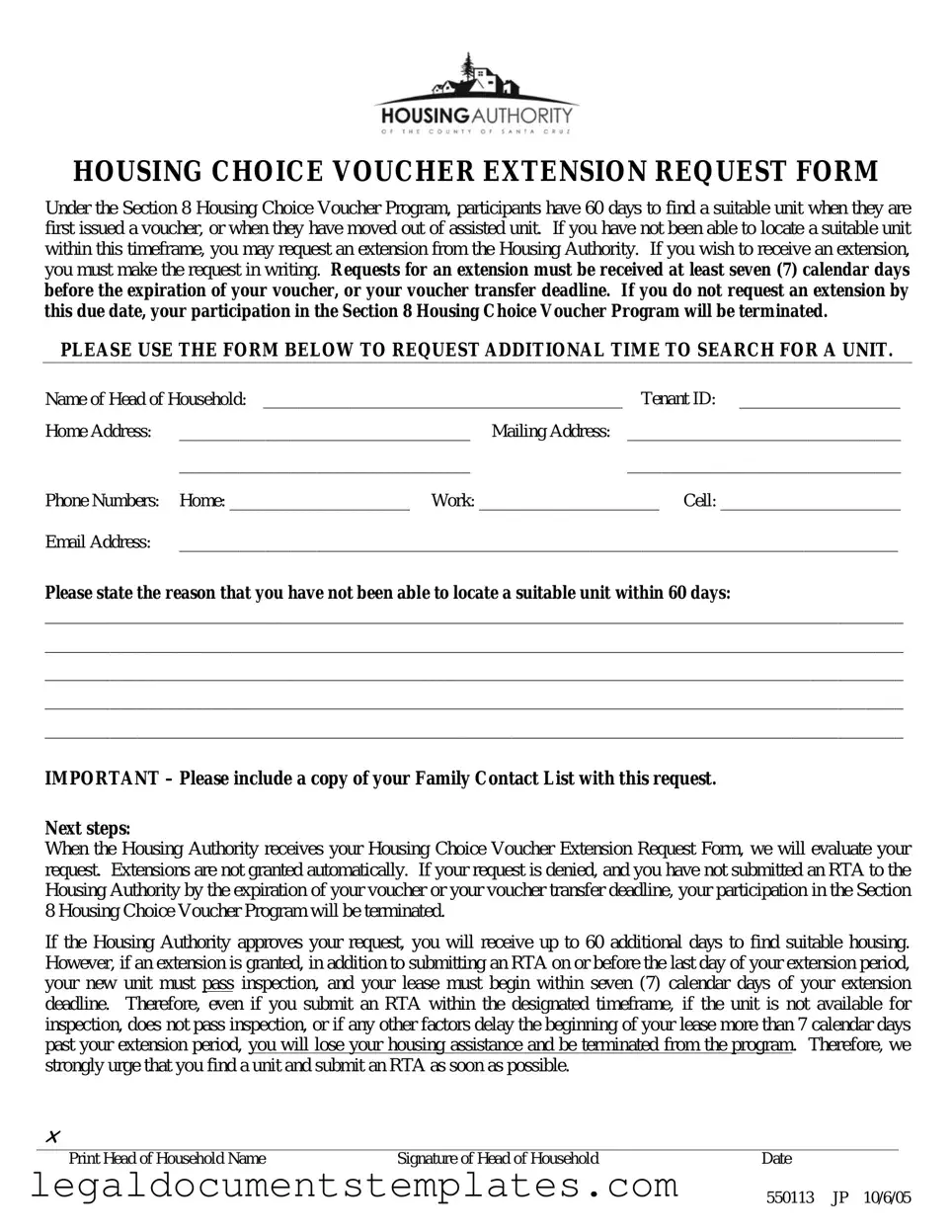 Free Section 8 Voucher Extension PDF Form