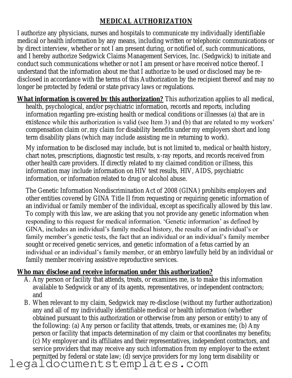 Free Sedgwick Medical Release PDF Form