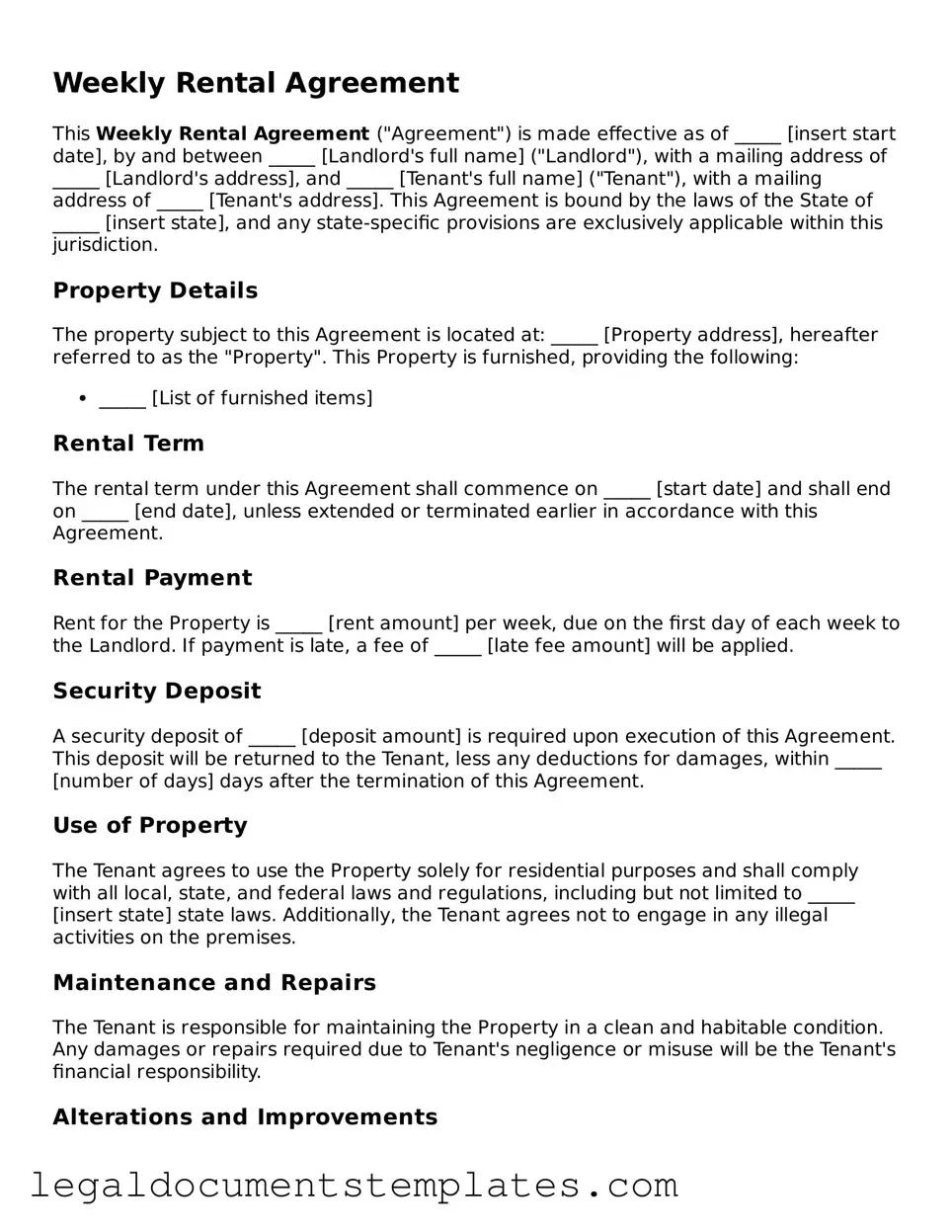 Legal Weekly Rental Agreement Document
