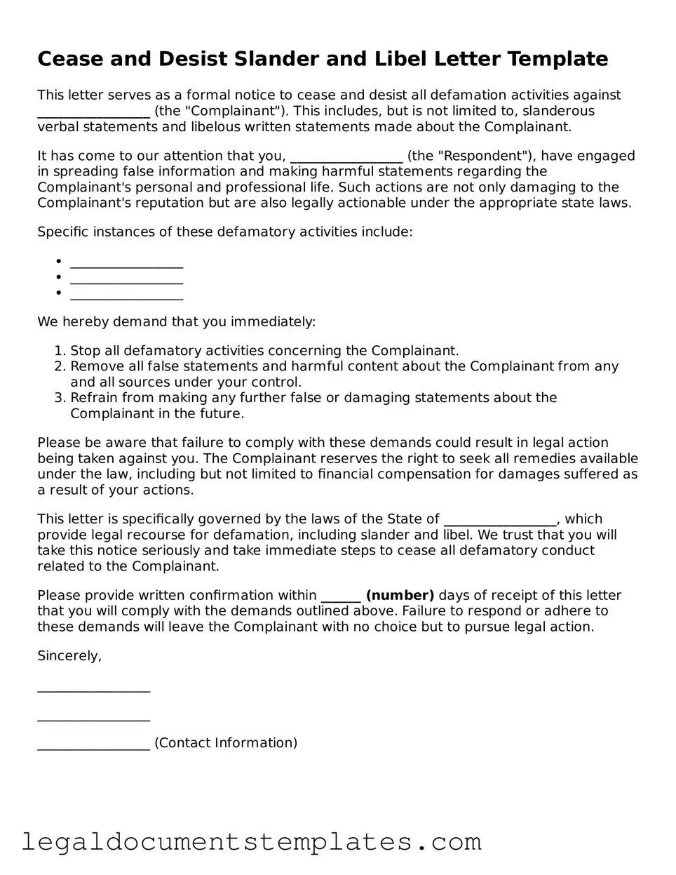 Legal Cease and Desist Slander and Libel Letter Document
